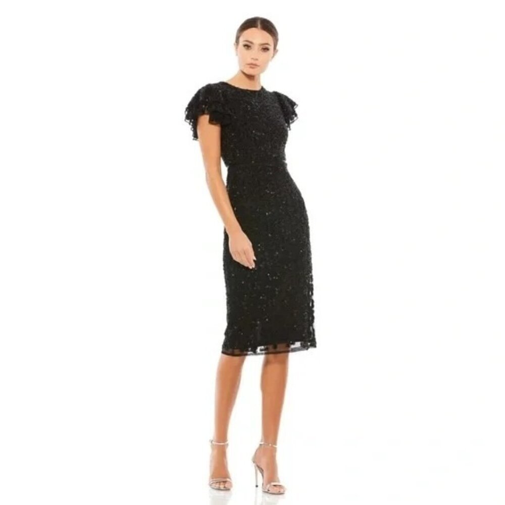 Mac Duggal 10827 Black Floral Flounce Sleeve Midi Dress Sequins Beads Size 6 NWT